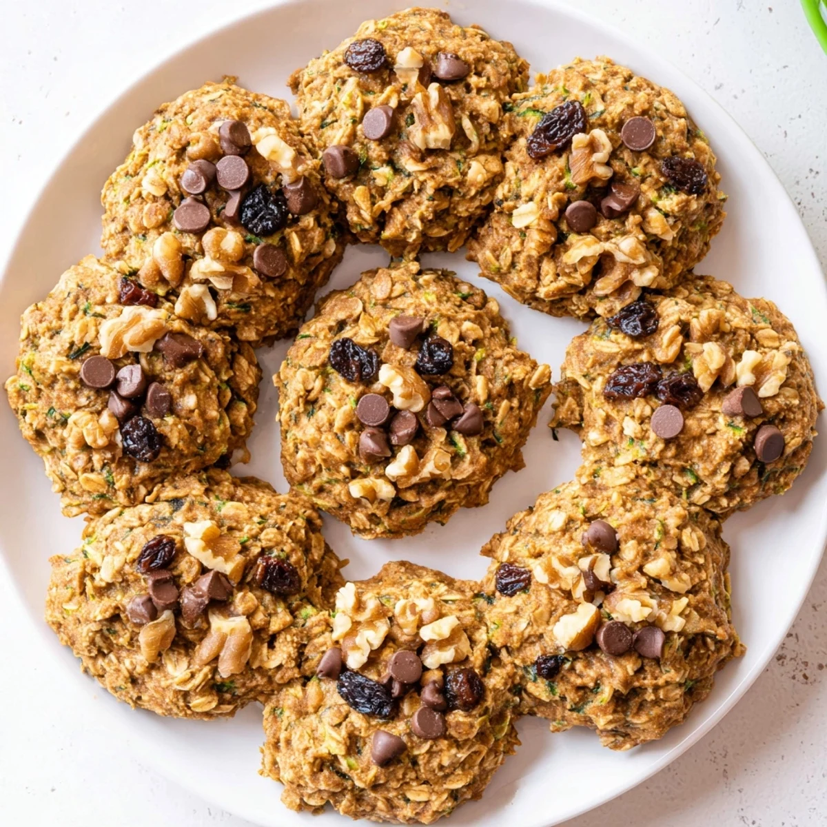 Soft baked breakfast cookies with oats and cinnamon, topped with melty chocolate chips and grated zucchini