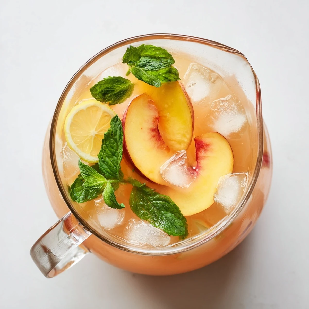 Golden peach lemonade drink poured into a clear pitcher, showing vibrant orange hue with floating fruit garnish