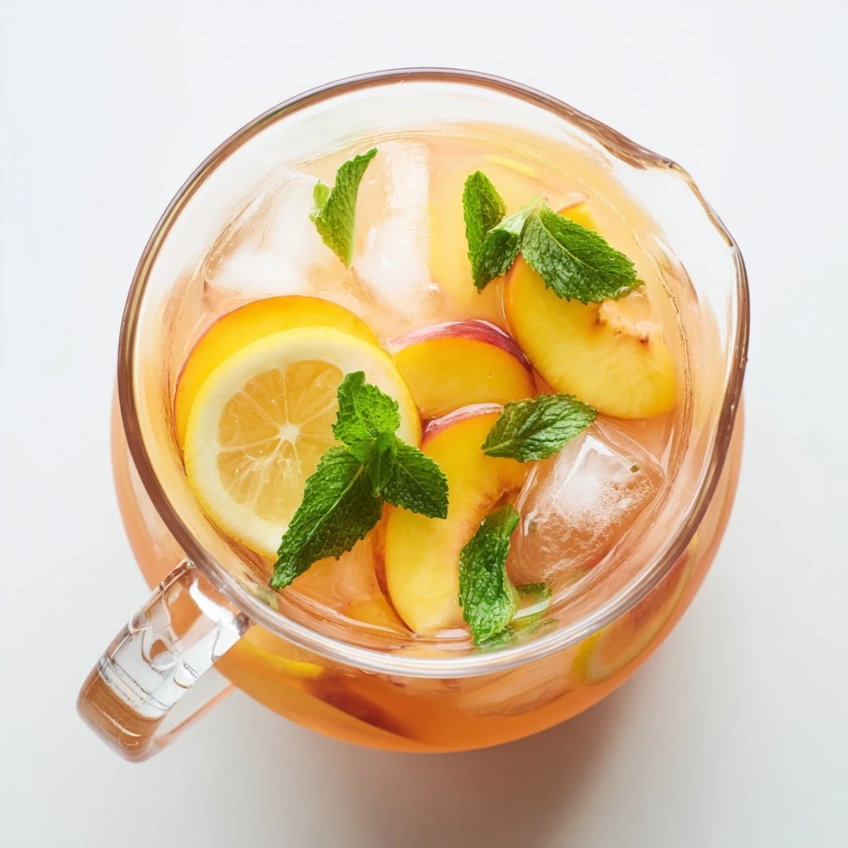 Garnished glass of refreshing peach lemonade drink with fresh peach slices, lemon wheels, and mint leaves on ice