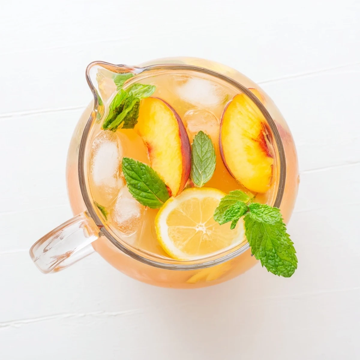 Tall chilled glass of refreshing peach lemonade drink on a wooden table, topped with ice and fresh mint sprig