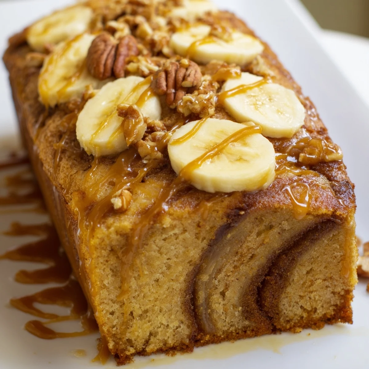 Golden brown butter banana cake swirled with glossy salted caramel sauce on a white plate