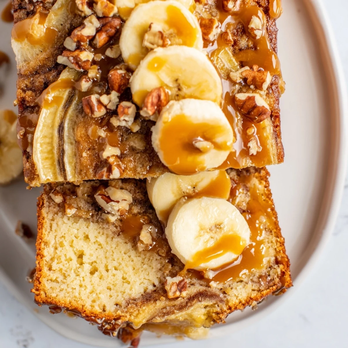Moist banana cake layers drizzled with rich homemade salted caramel and topped with fresh banana slices
