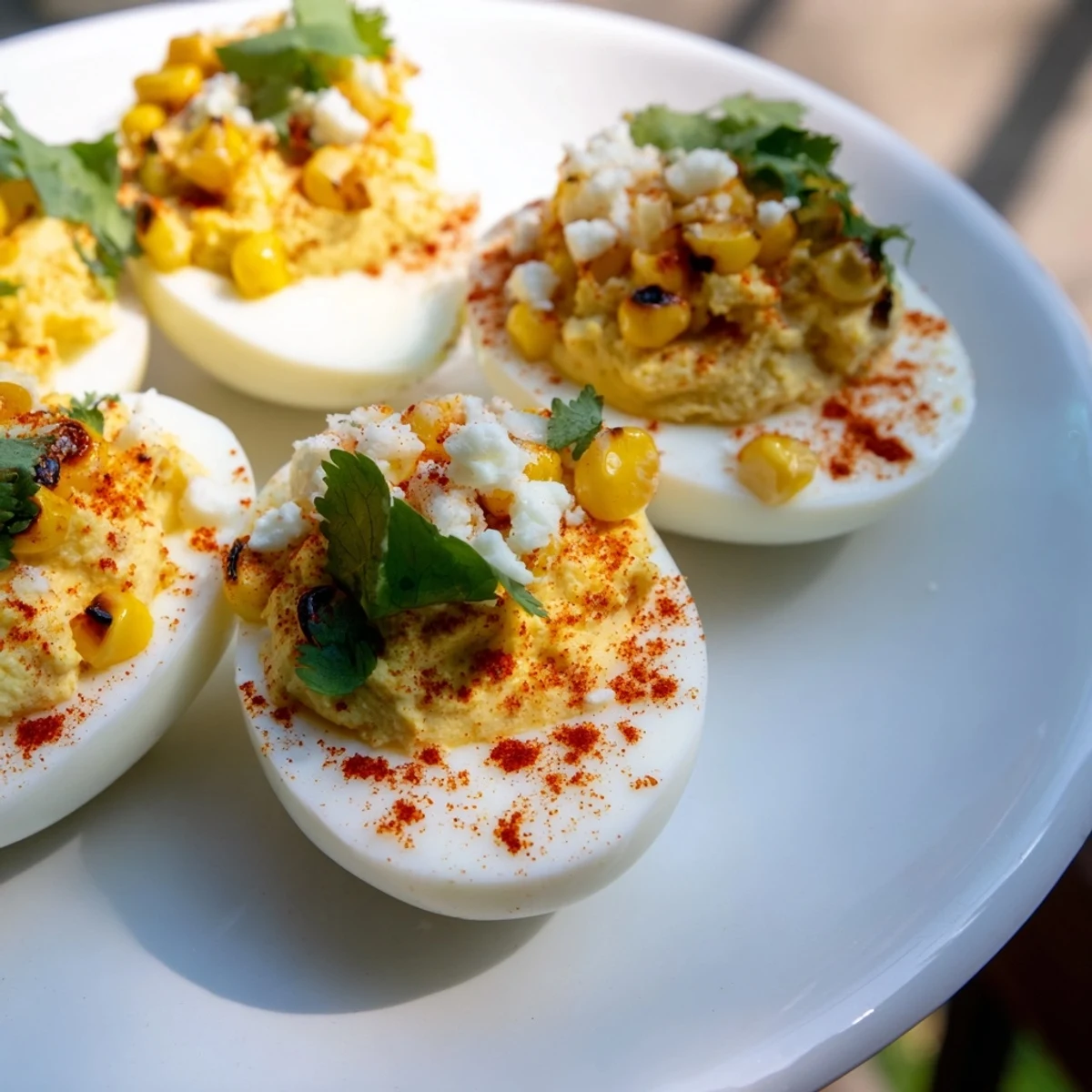 Mexican Street Corn Deviled Eggs topped with charred corn, crumbled Cotija cheese, and fresh cilantro garnish