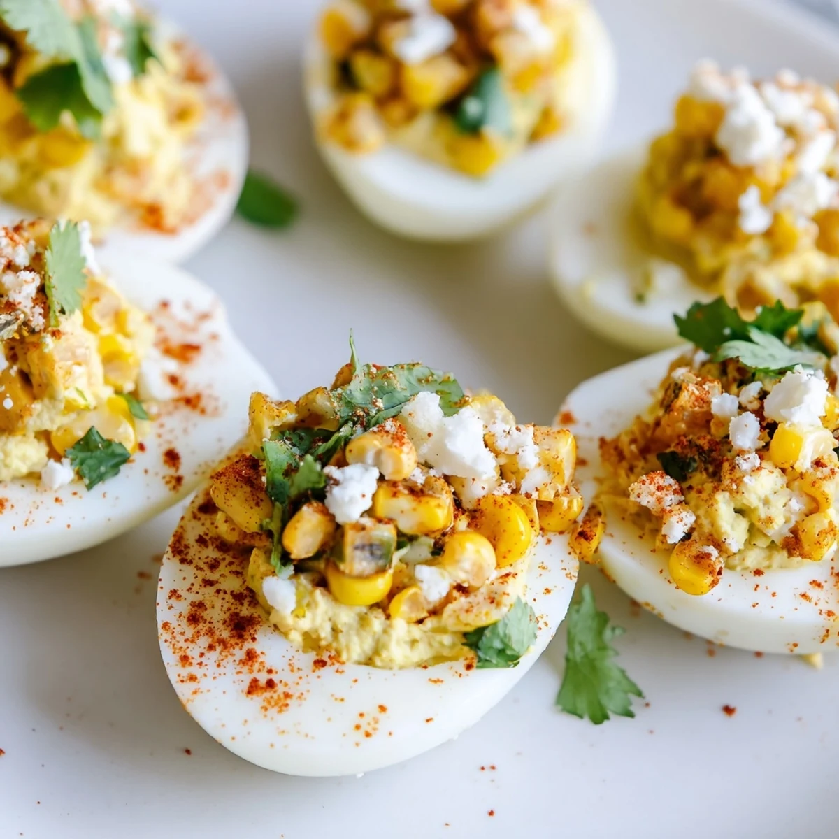 Creamy Mexican Street Corn Deviled Eggs sprinkled with chili powder and served on white platter