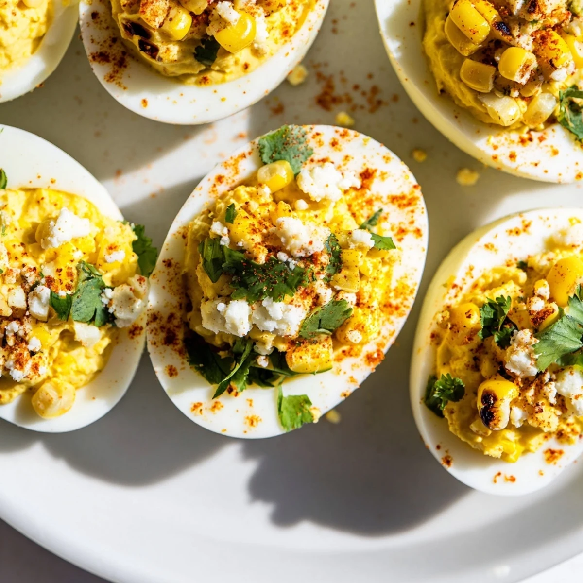 Golden Mexican Street Corn Deviled Eggs featuring smoky paprika yolk filling and extra lime wedges