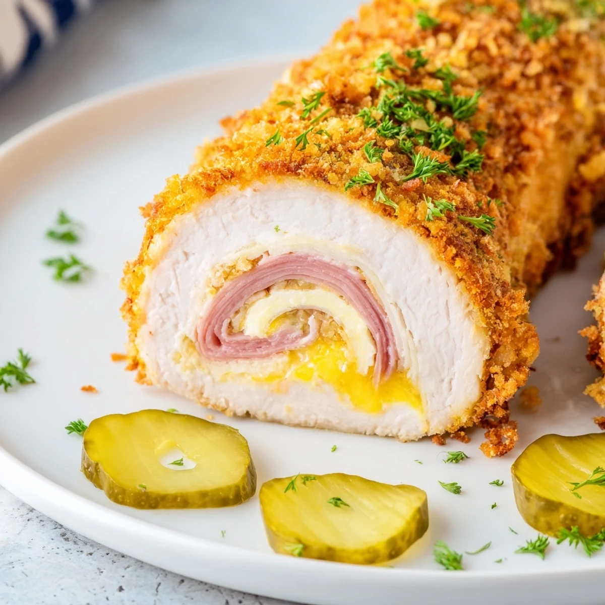 Crispy Pickle Brined Chicken Rolls sliced, melty cheese oozing, served with mustard  