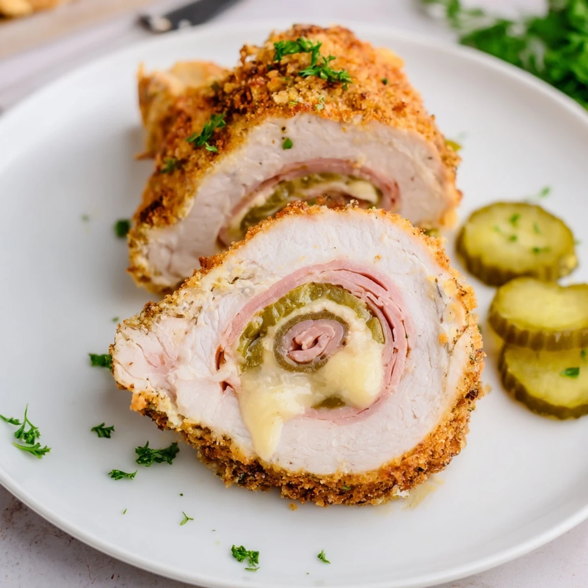 Crispy Pickle Brined Chicken Rolls resting on parchment, panko-crisped edges and steaming