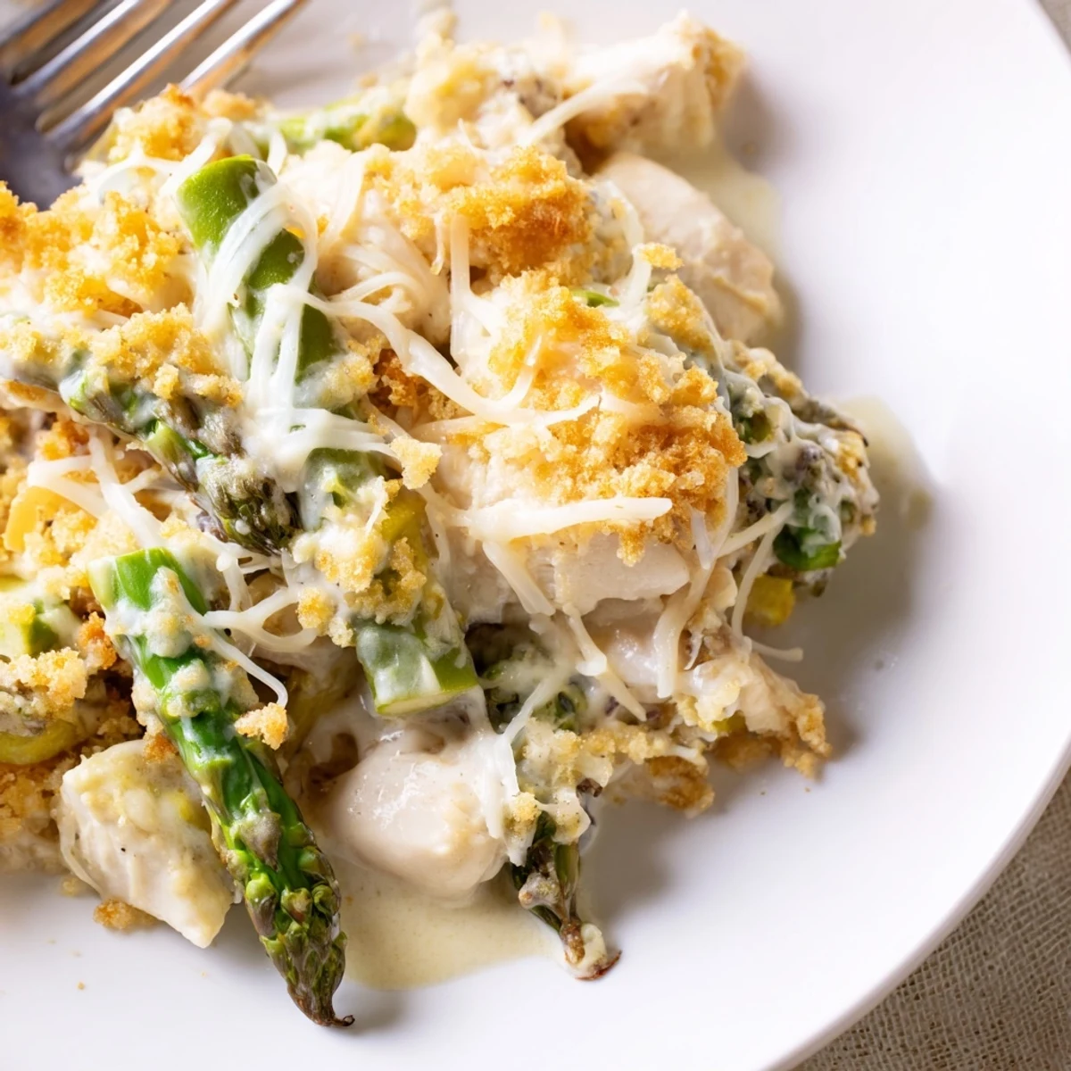 Creamy Chicken Asparagus Bake bubbling with golden cheese and tender chicken
