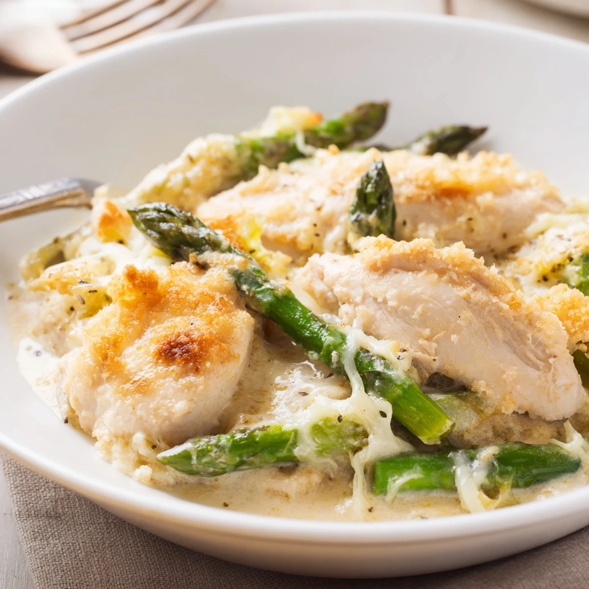 Warm Creamy Chicken Asparagus Bake served straight from oven, asparagus crisp-tender