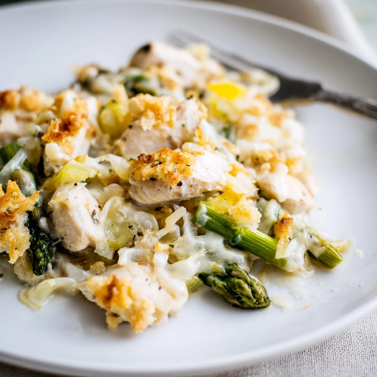 Weeknight Creamy Chicken Asparagus Bake, creamy sauce, Parmesan crust and lemon brightness