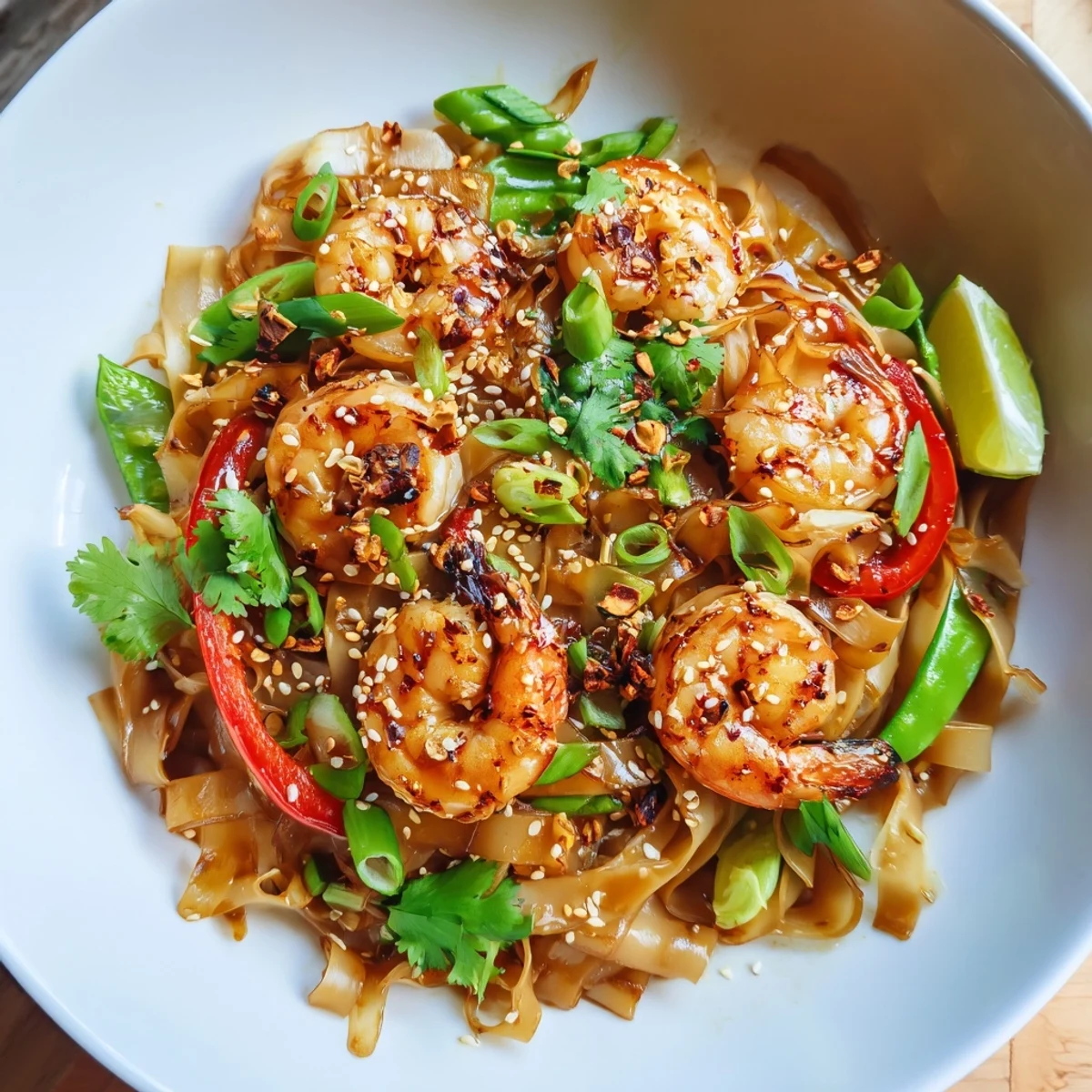 Spicy Garlic Shrimp Noodles Recipe steaming in a wok, glossy chili coated noodles