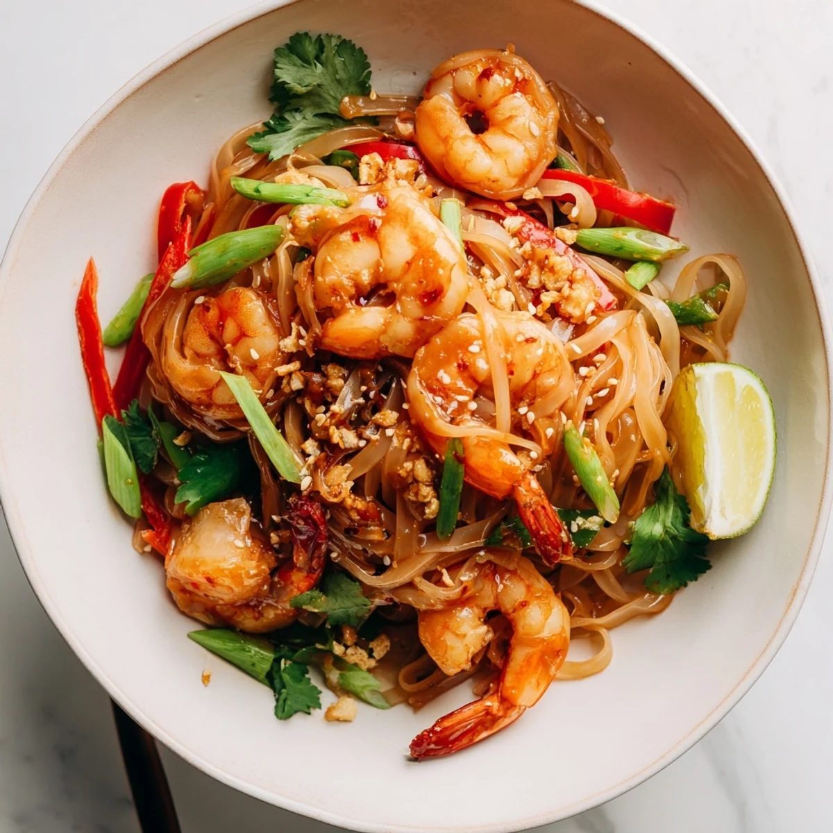 Family style Spicy Garlic Shrimp Noodles Recipe served hot with lime wedges and scallions