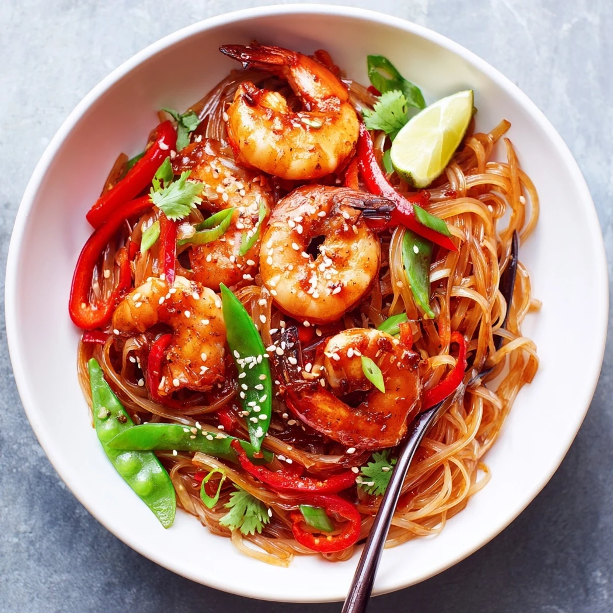 Warm Spicy Garlic Shrimp Noodles Recipe tossed with lime, sesame, and fresh coriander