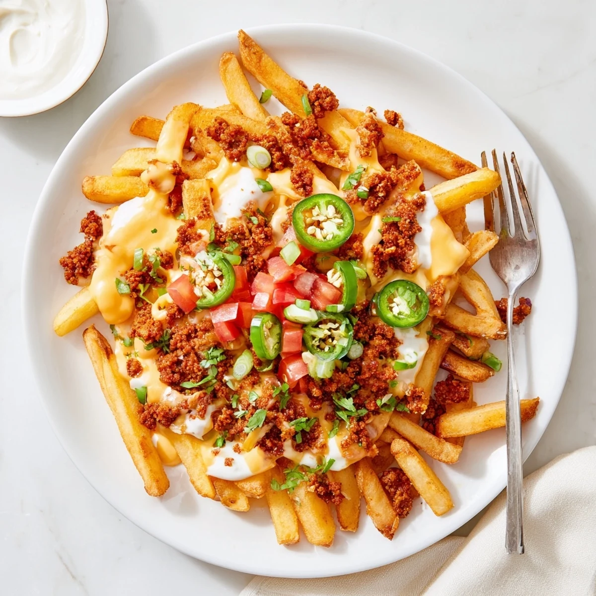 Crispy golden fries transformed into Chorizo Queso Dip Fries with melty cheddar
