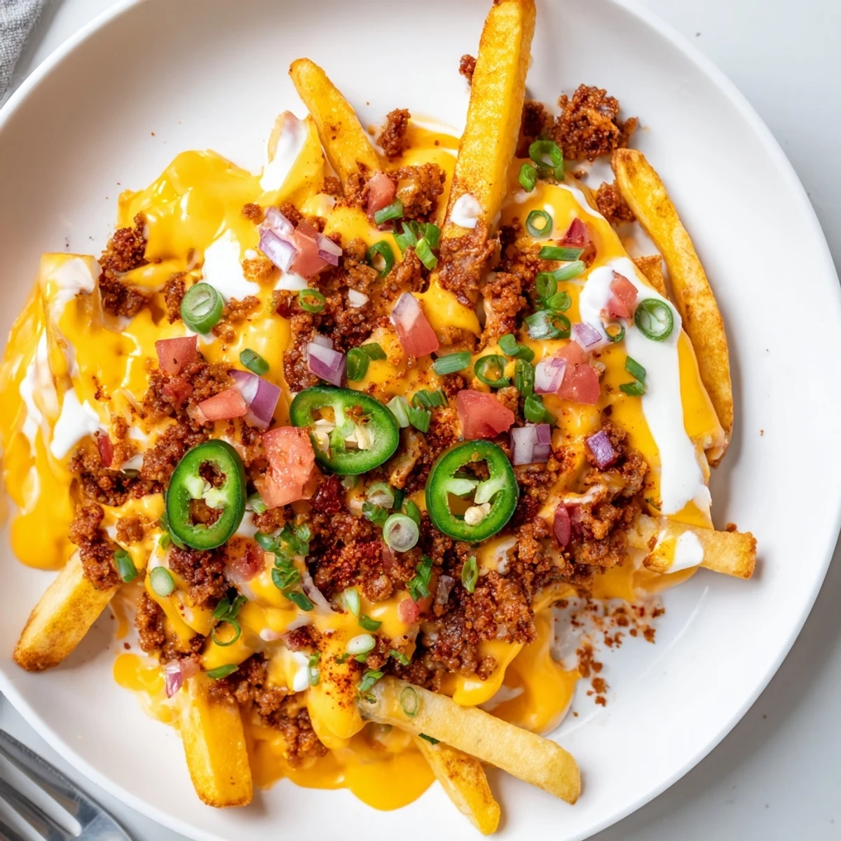 Baked Chorizo Queso Dip Fries served on platter with jalapeño and sour cream