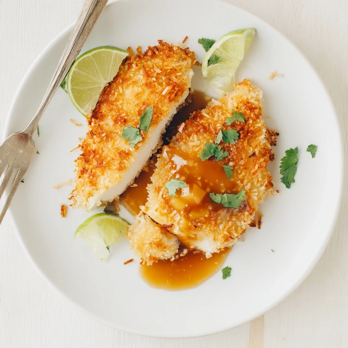 Coconut Chicken With Apricot Sauce, crispy golden crust drizzled over jasmine rice