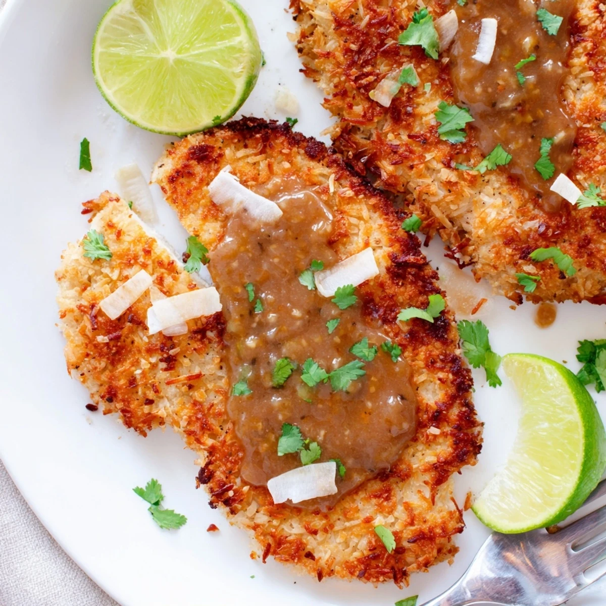 Warm Coconut Chicken With Apricot Sauce served with lime wedges and cilantro