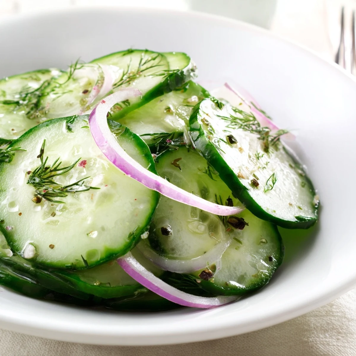 Herby Cucumber Salad tossed in tangy white wine vinegar, ready to serve