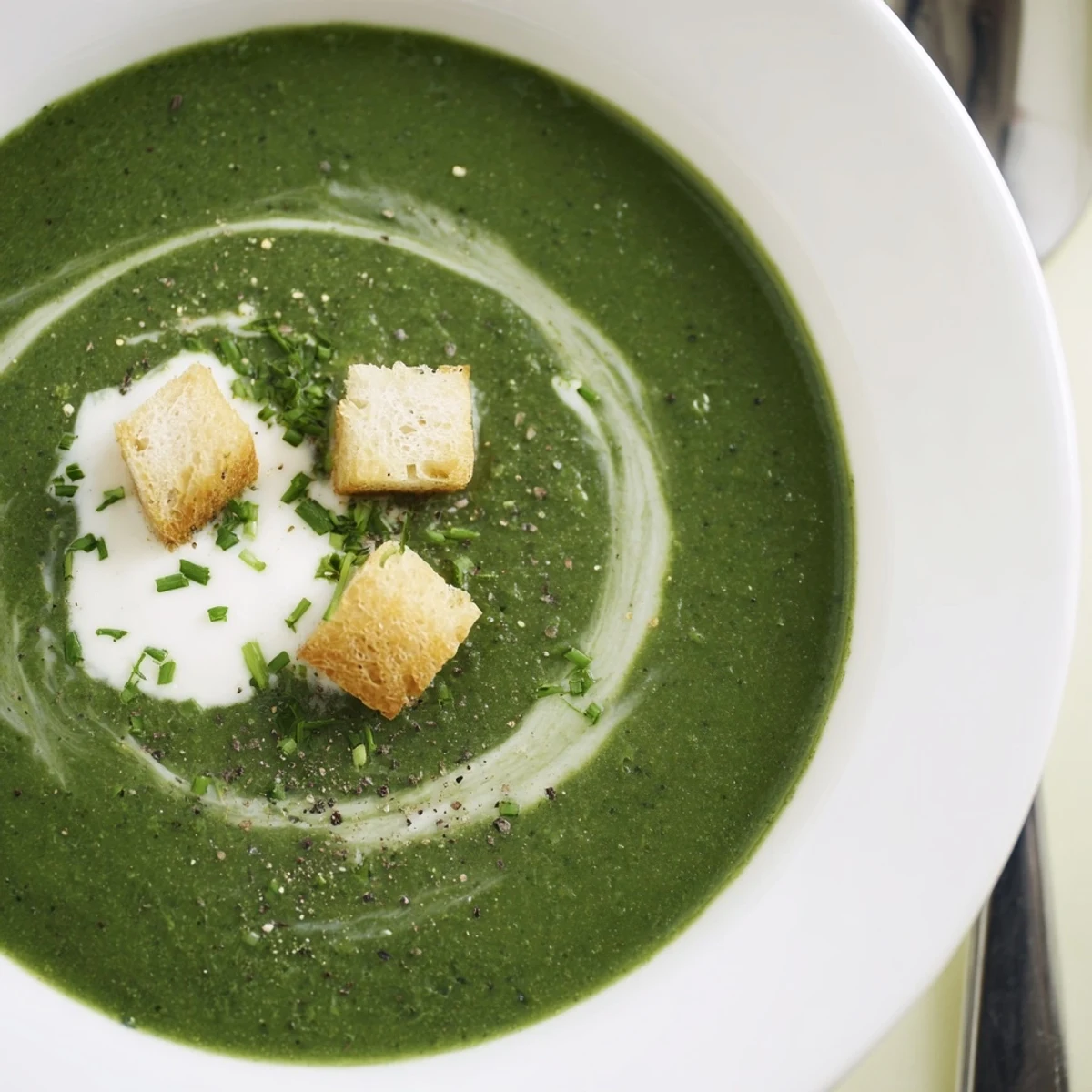 Bright green Spinach Soup steaming in bowl, served with toasted crusty bread