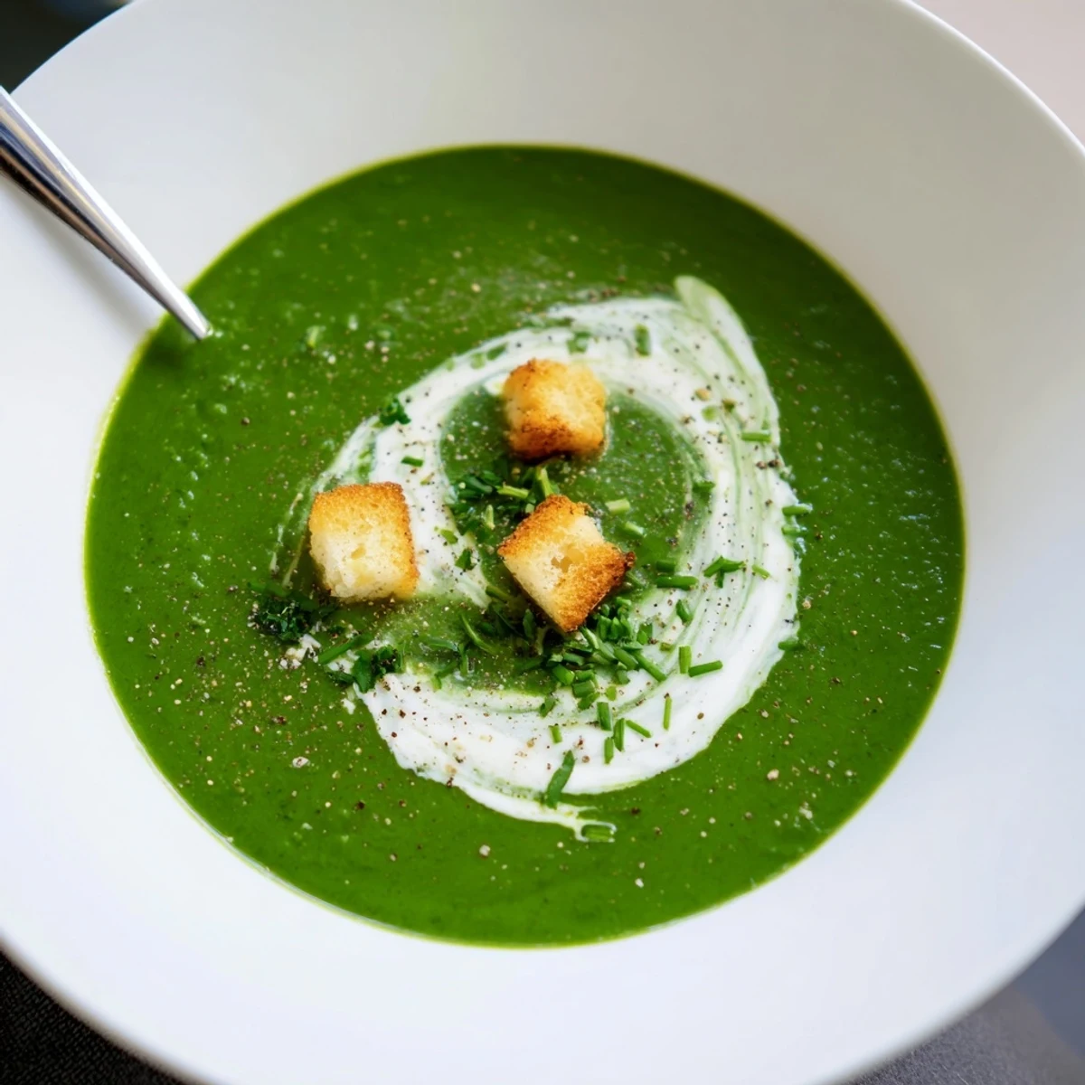 Creamy Spinach Soup with velvety texture, garnished with cream and chives