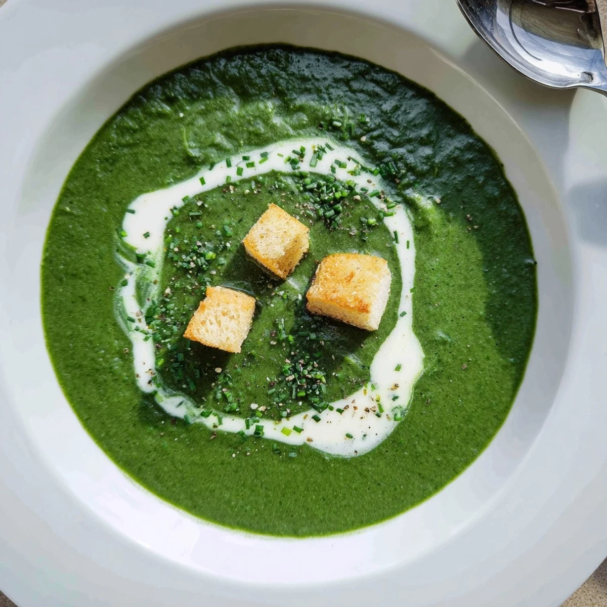 Silky homemade Spinach Soup smelling of garlic and nutmeg, ladle beside bowl