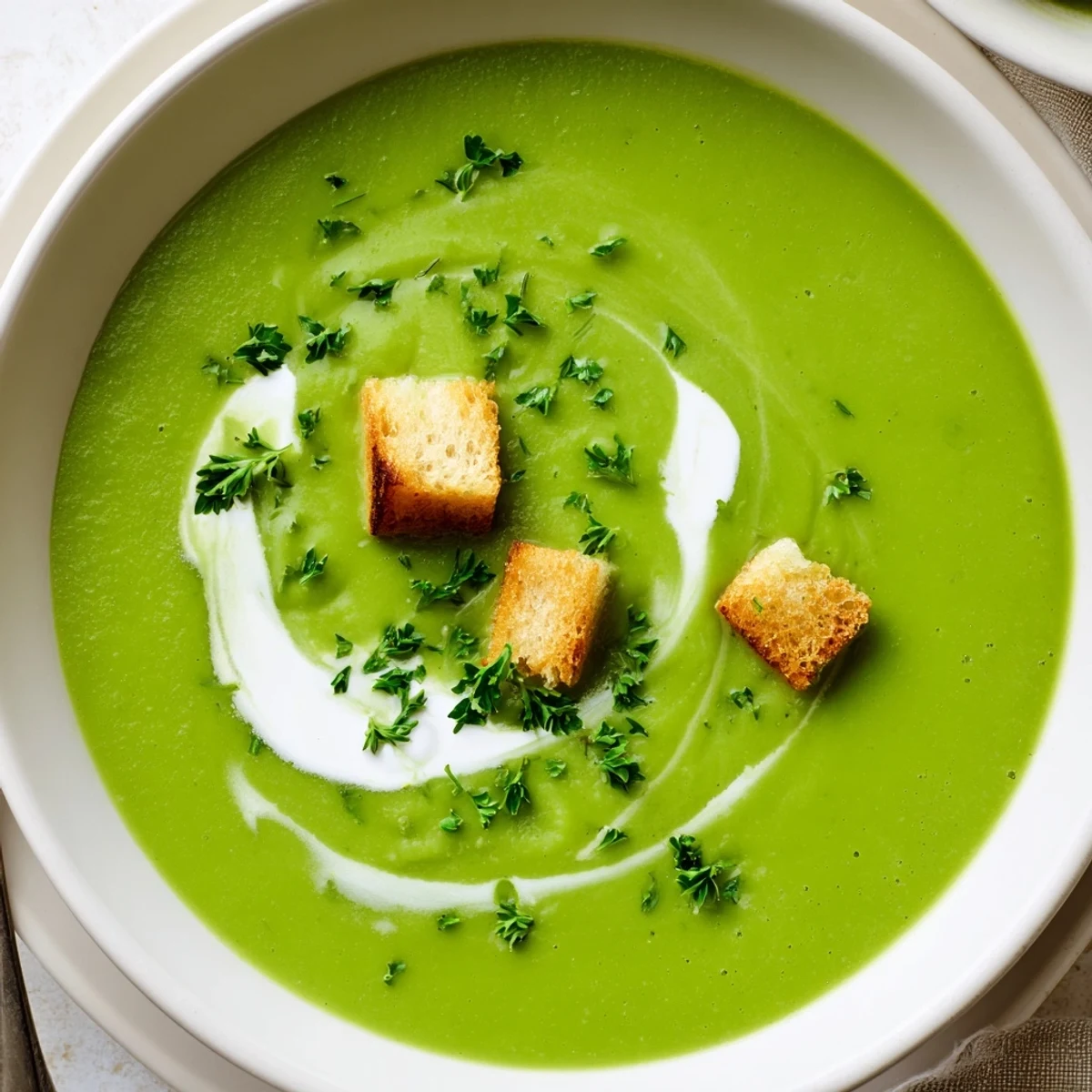 Steaming bowl of Pea Soup garnished with crème fraîche and parsley