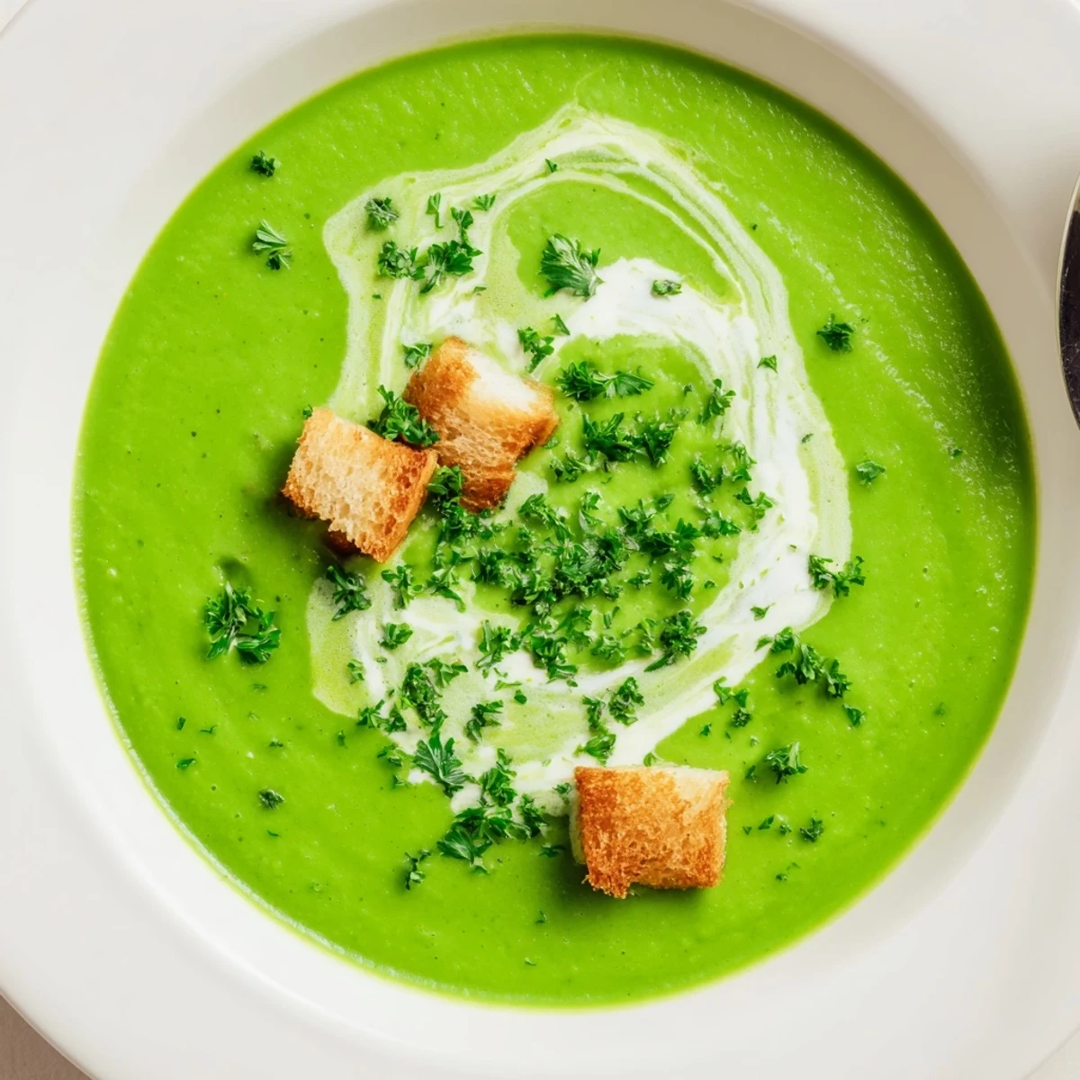 Bright green Pea Soup with sautéed carrots and celery, spoon resting beside bowl