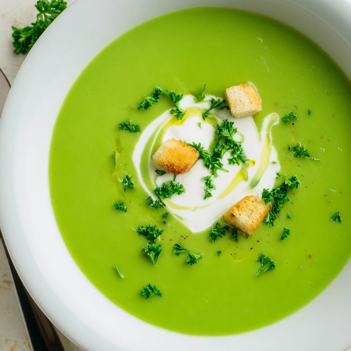 Velvety Pea Soup blended smooth, warm aroma, served with crusty bread