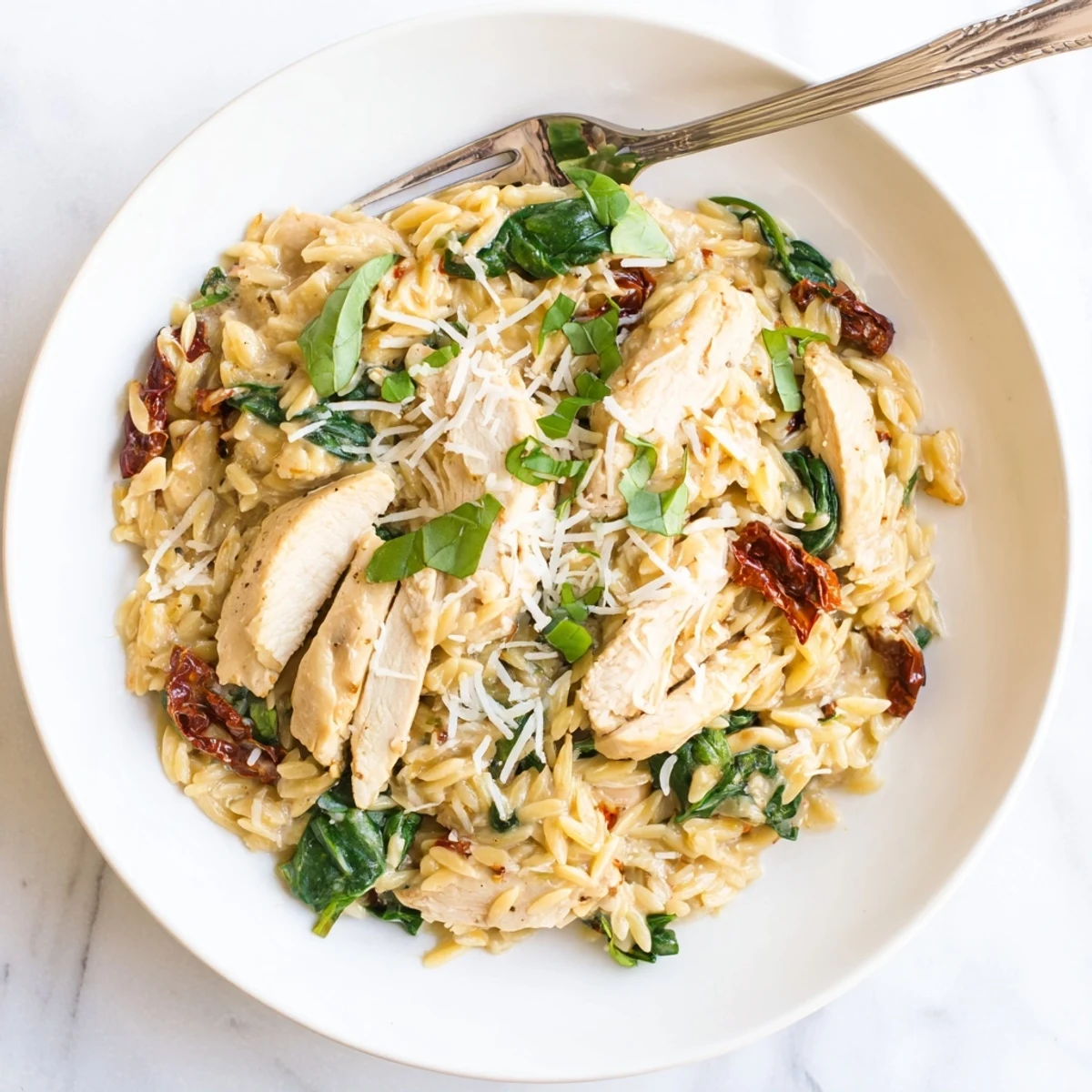 Creamy Marry Me Chicken Orzo with tender sliced chicken in sundried tomato sauce