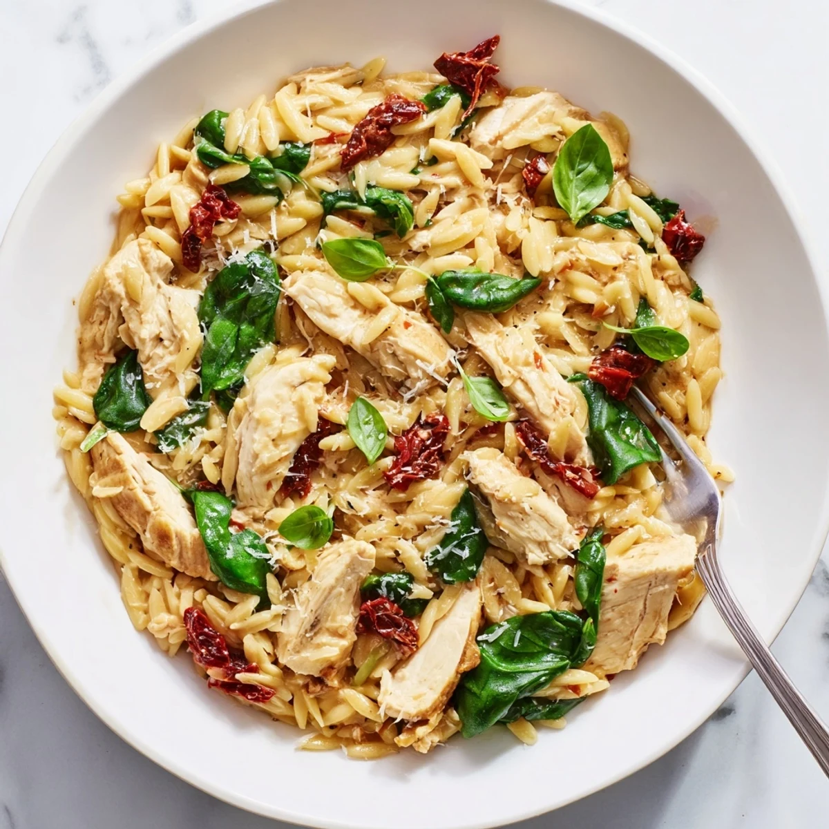 Golden brown chicken breasts nestled in cheesy orzo pasta with vibrant spinach and basil