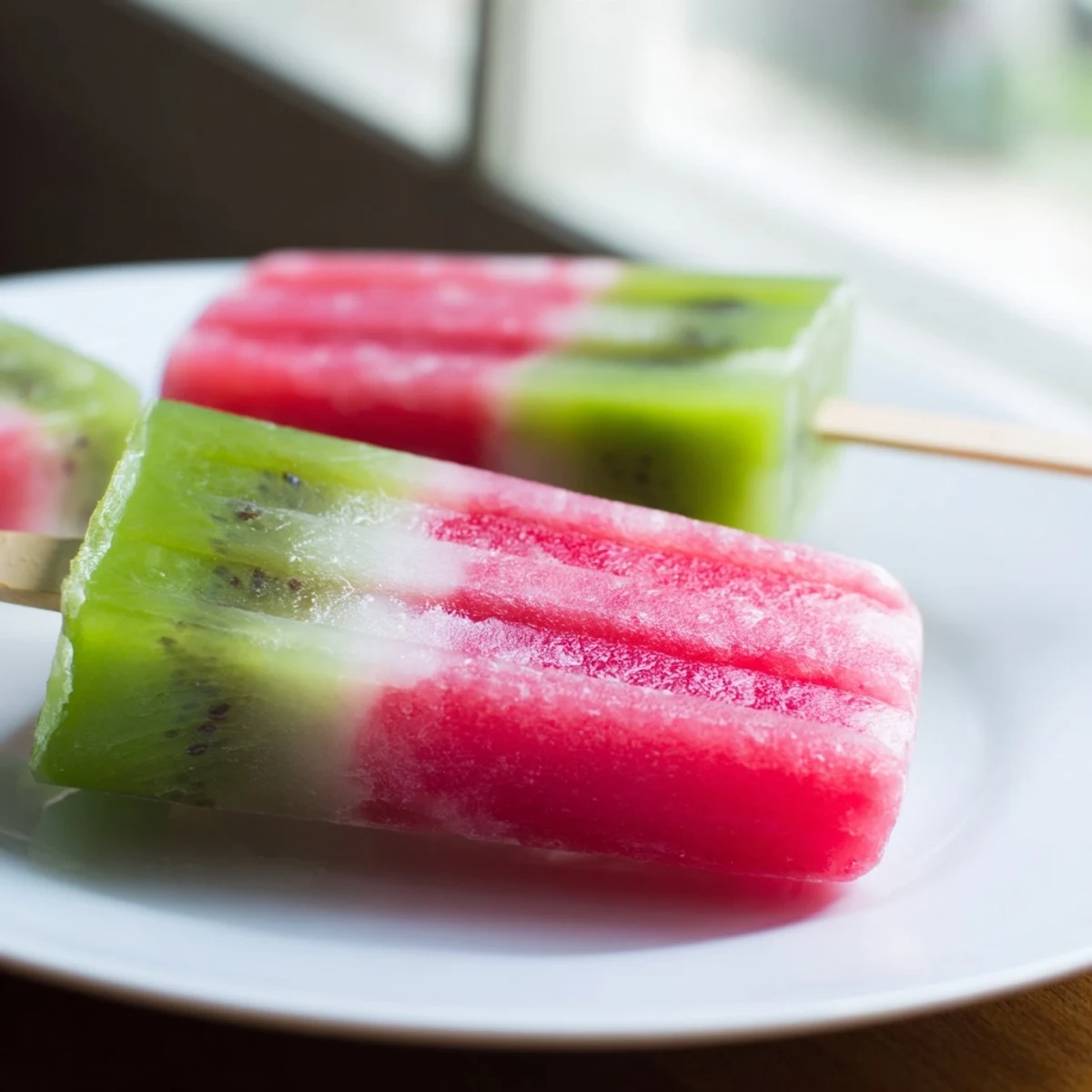 Homemade watermelon kiwi fruit pops layered in vibrant red and green frozen swirls on wooden sticks