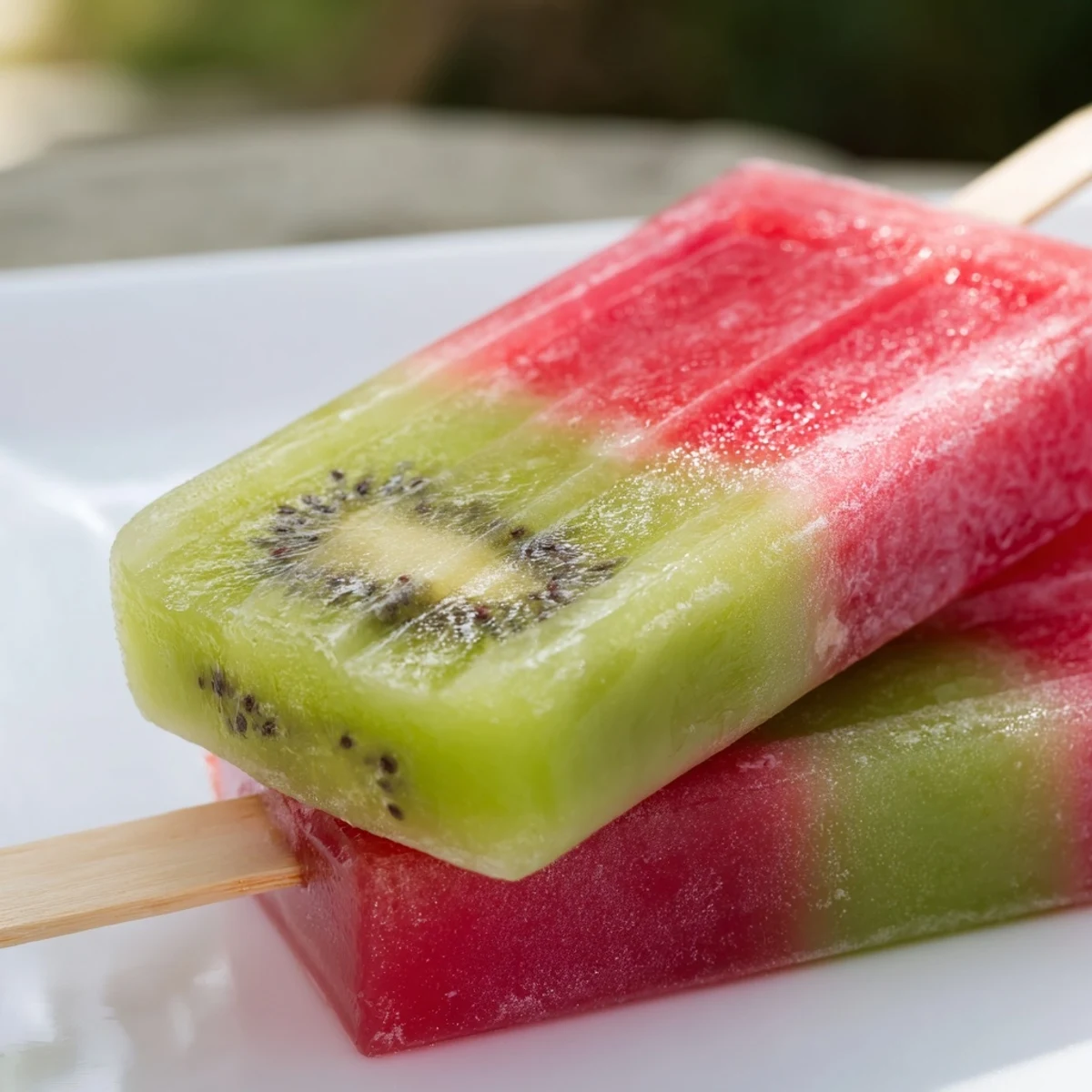 Refreshing watermelon kiwi fruit pops displaying two-tone fruit layers in popsicle molds ready for summer treats