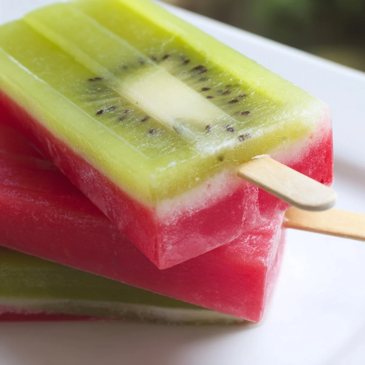 Colorful layered watermelon kiwi fruit pops with bright red and green stripes dripping on a sunny afternoon
