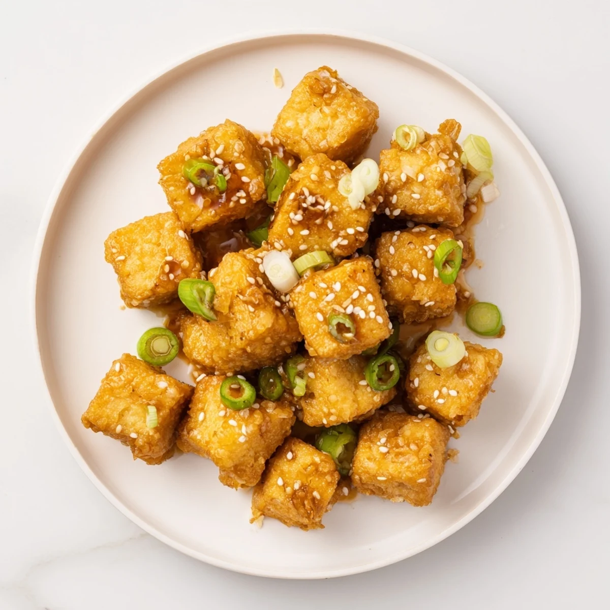 Golden crispy honey garlic tofu cubes glazed in sweet sticky sauce with sesame seeds