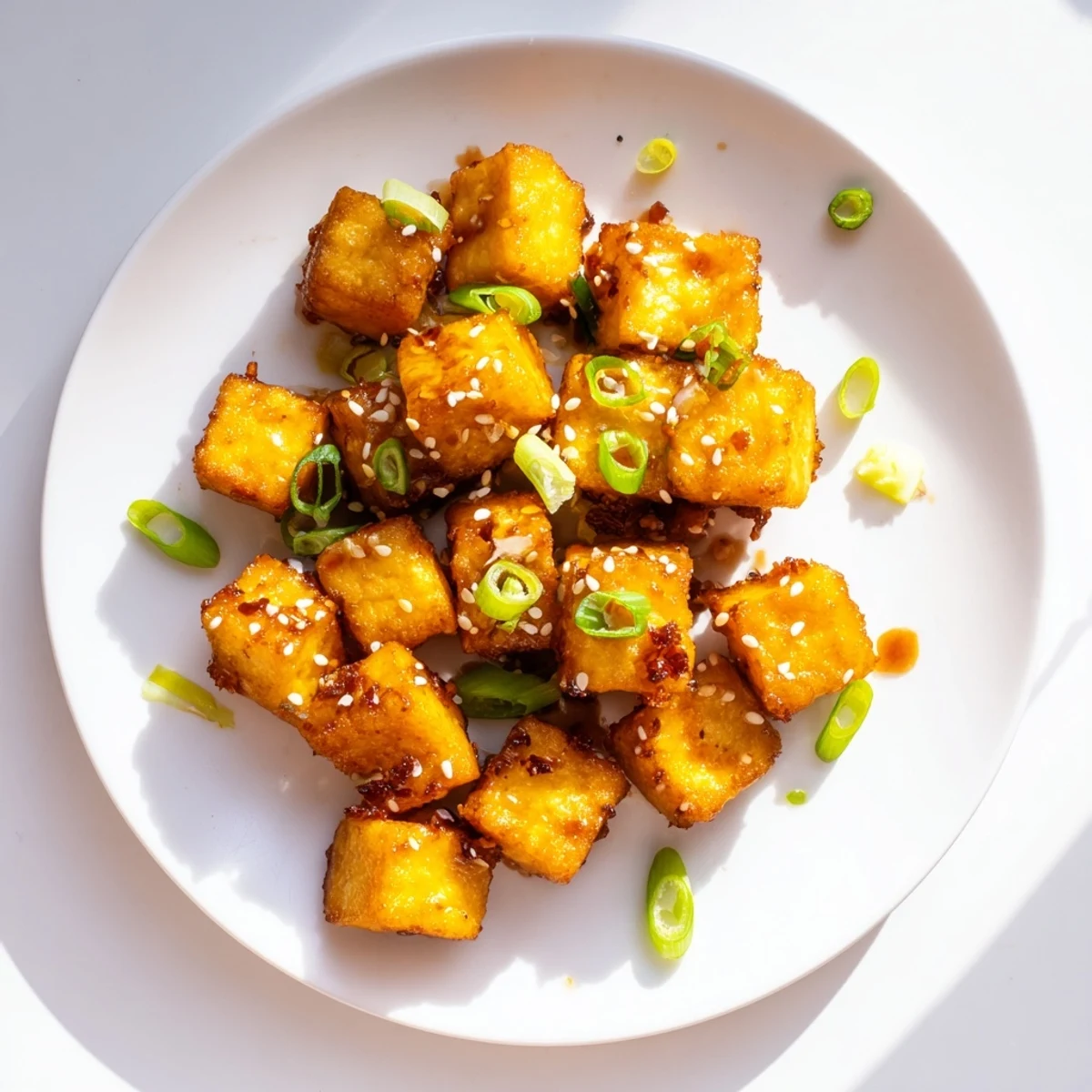 Crispy tofu cubes tossed in thick honey garlic sauce served with green onion garnish
