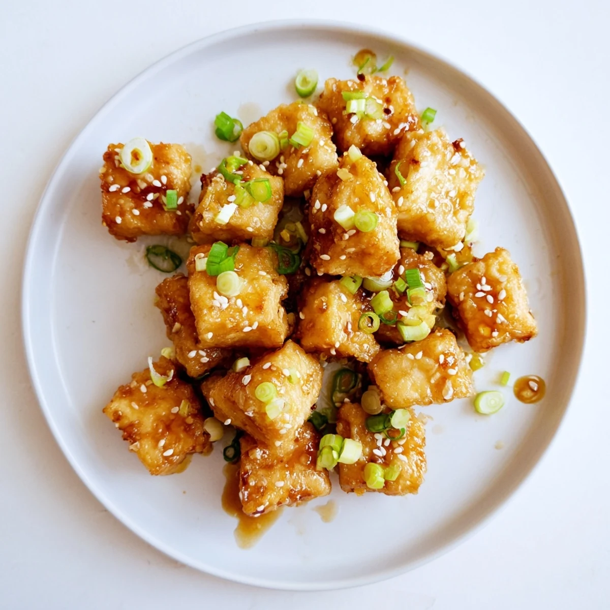 Plate of honey garlic tofu featuring crunchy fried pieces coated in glossy honey garlic glaze