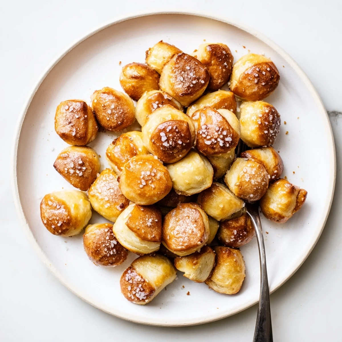 Golden homemade soft pretzel bites sprinkled with coarse salt on a wooden board