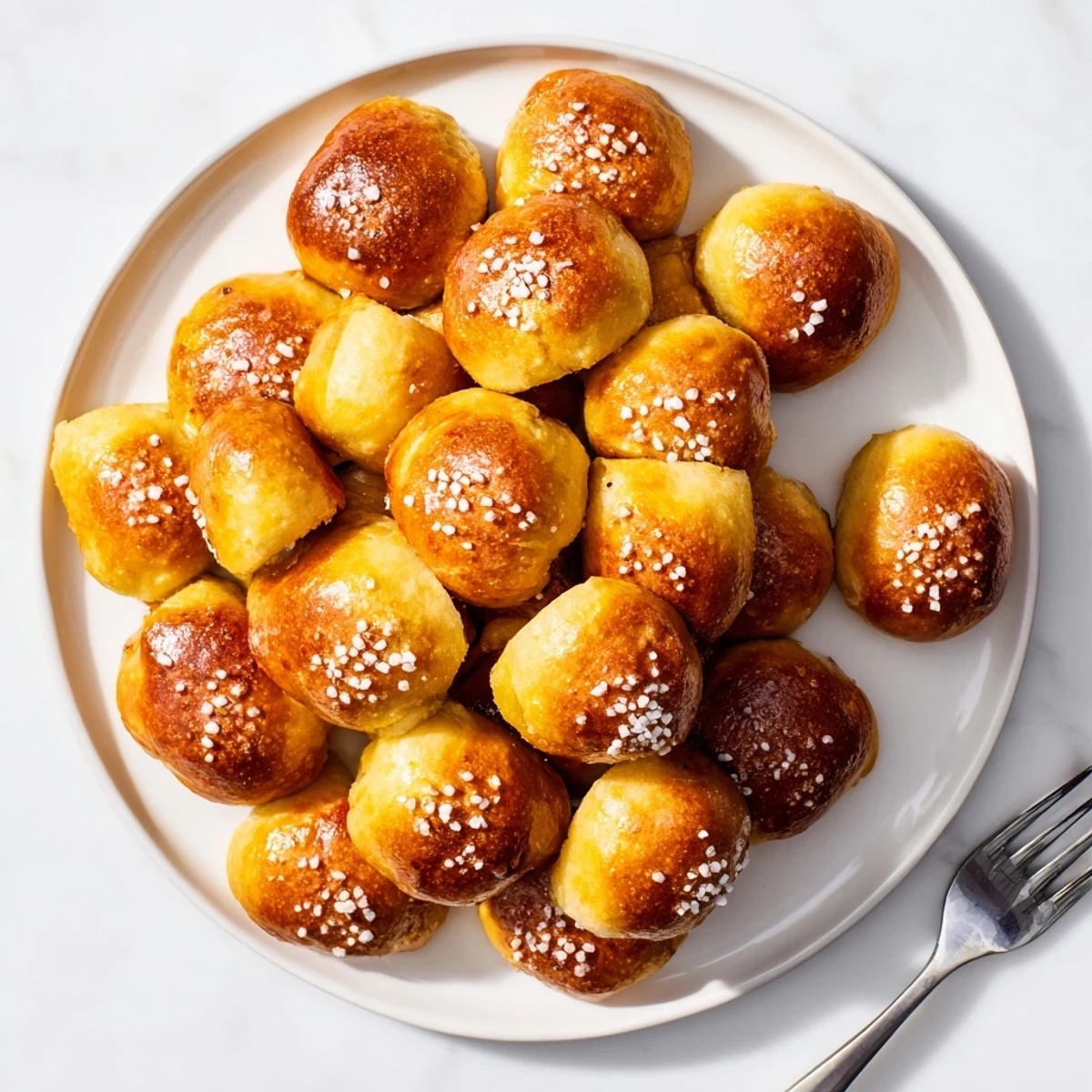 Chewy homemade soft pretzel bites served in a white bowl with mustard dip