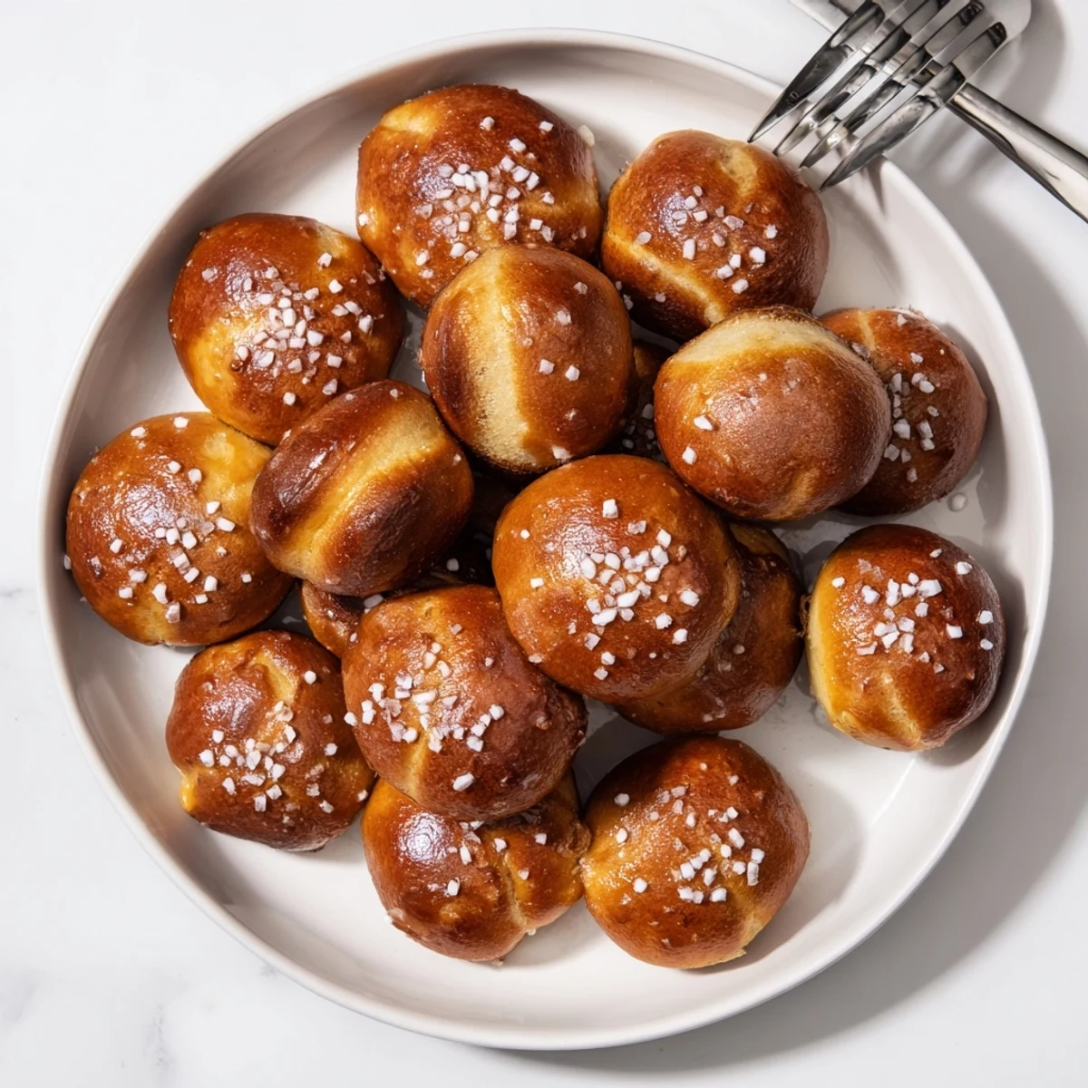 Warm soft pretzel bites arranged on a baking sheet with cheese dip