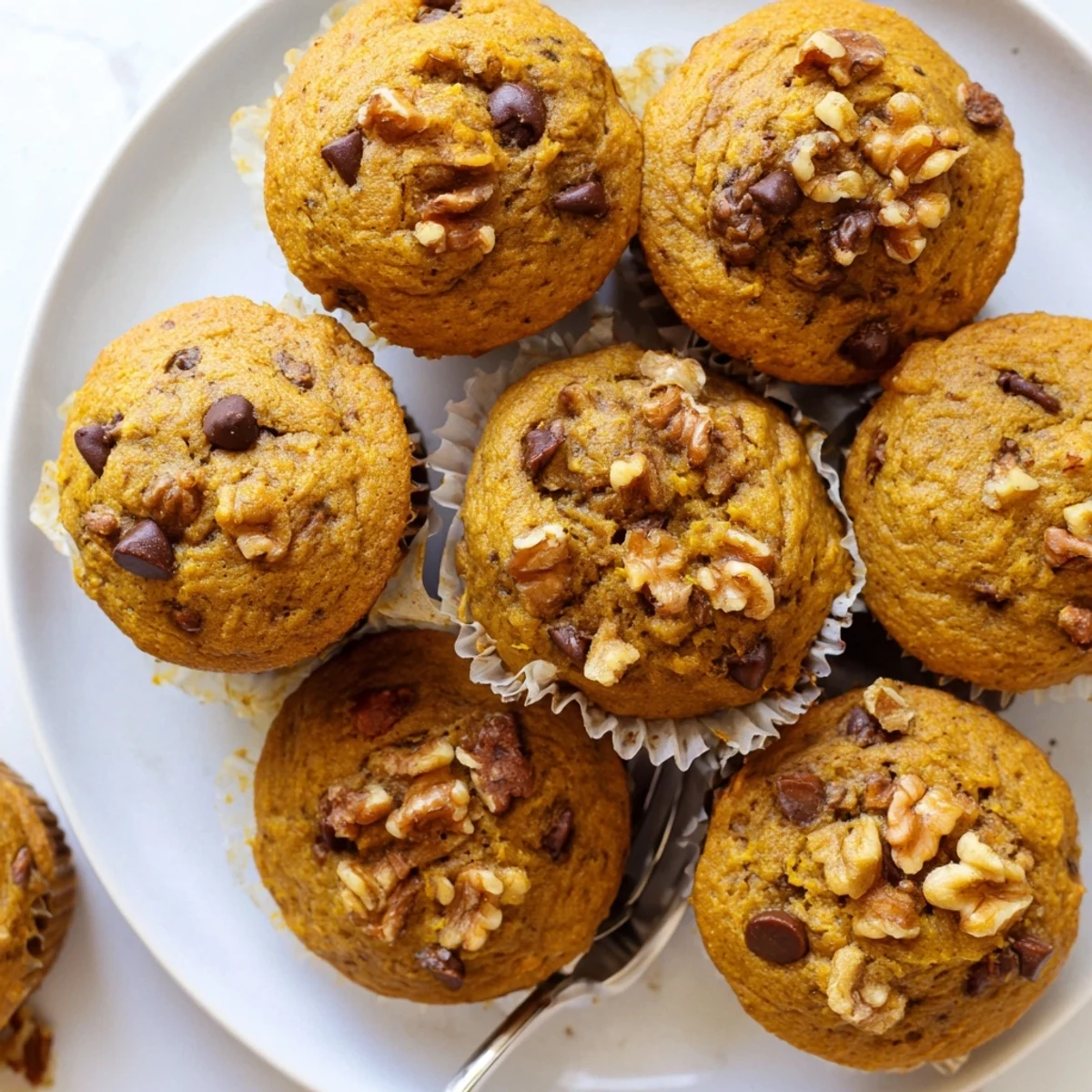 Golden butternut squash banana muffins topped with walnuts on a wooden board