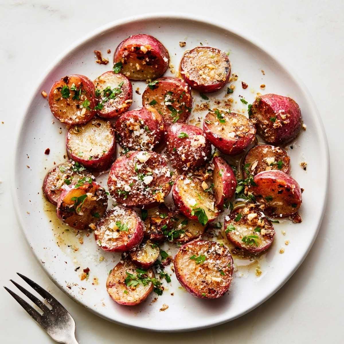 Tender caramelized halved radishes roasted with minced garlic until lightly crisped and perfectly golden