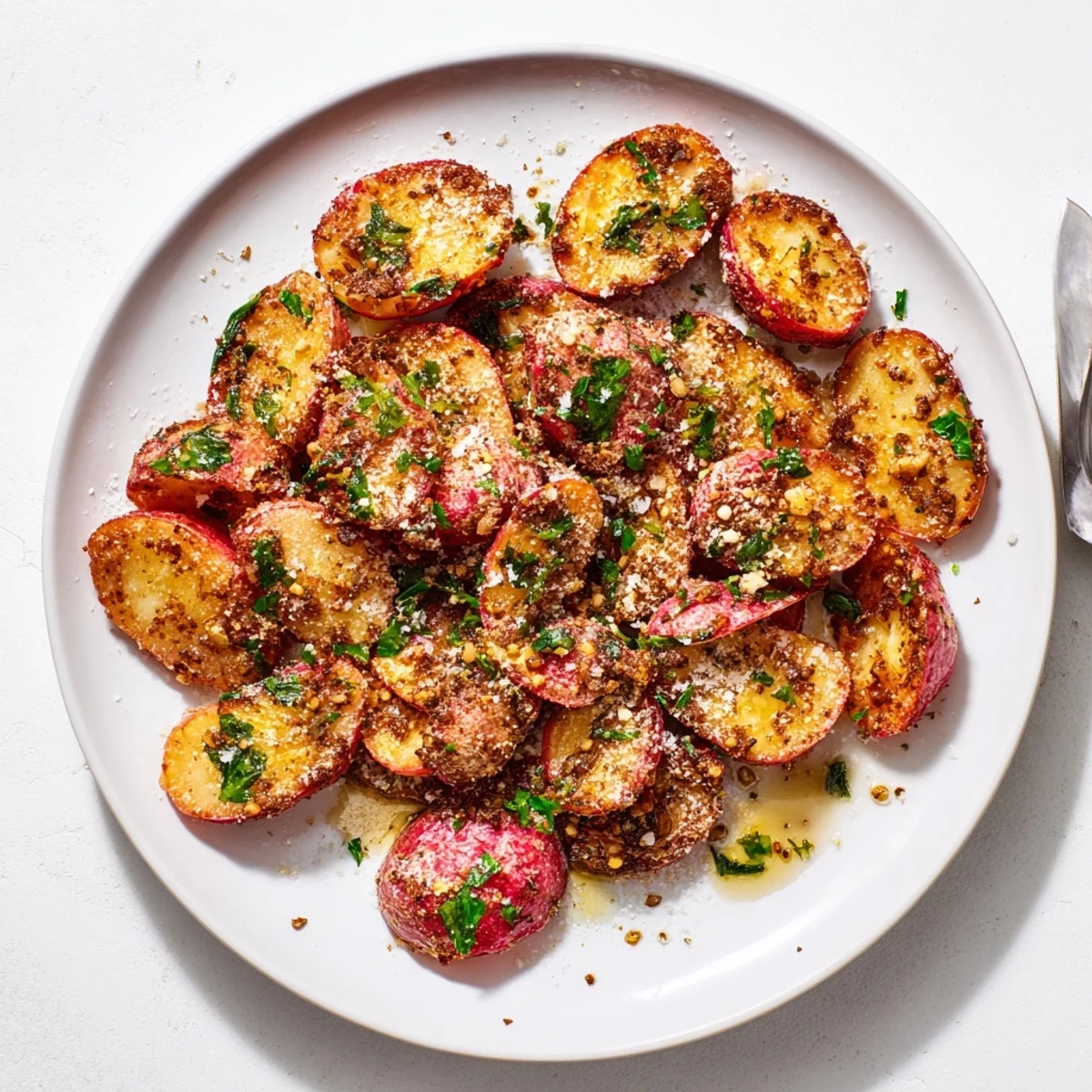 Golden brown garlic roasted radishes served on a white ceramic plate with fresh parsley garnish
