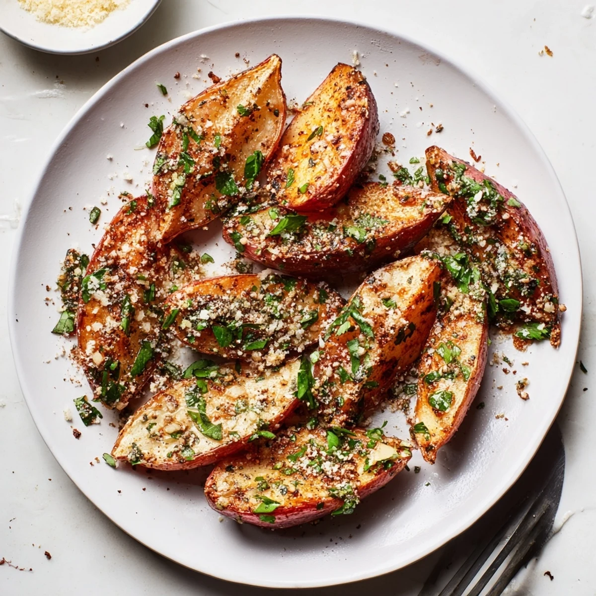 Oven-baked radishes tossed in olive oil and garlic, arranged on a rustic wooden serving board