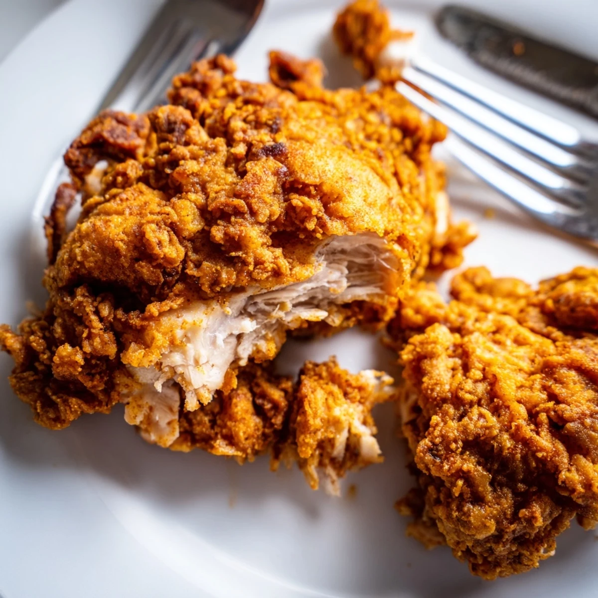 Golden brown fried chicken breast with crispy coating on a white serving plate
