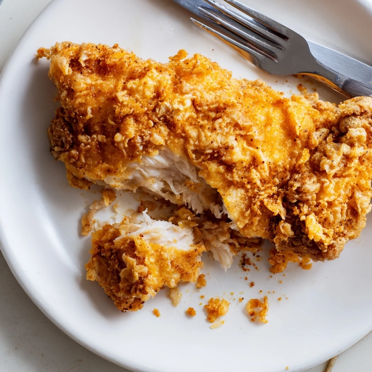 Crispy fried chicken breast resting on wire rack after frying until perfectly done