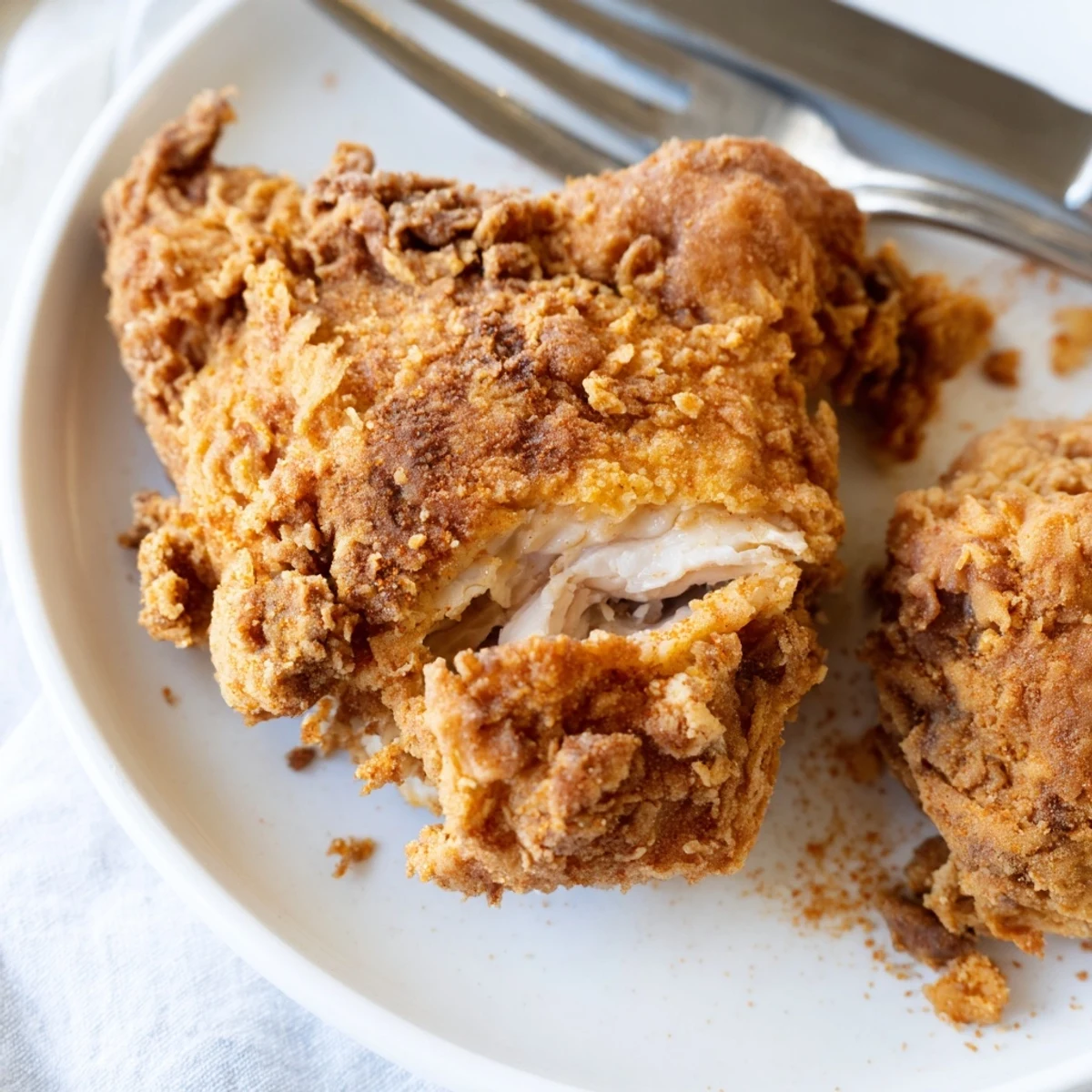 Juicy fried chicken breast sliced open showing tender meat inside golden breadcrumb crust