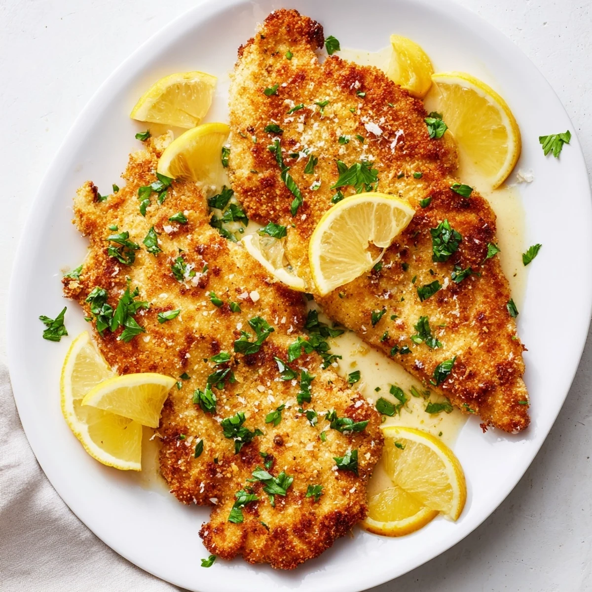 Pan-fried Lemon Chicken Romano featuring cheese-crusted cutlets garnished with fresh parsley and lemon slices