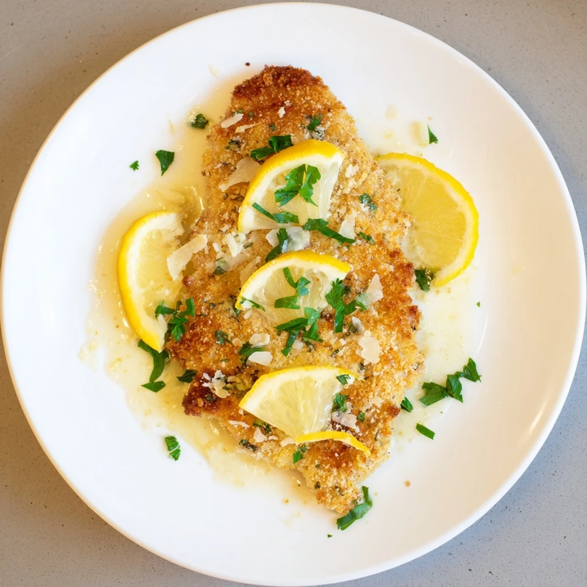 Golden Lemon Chicken Romano with crispy parmesan crust drizzled with tangy lemon butter sauce