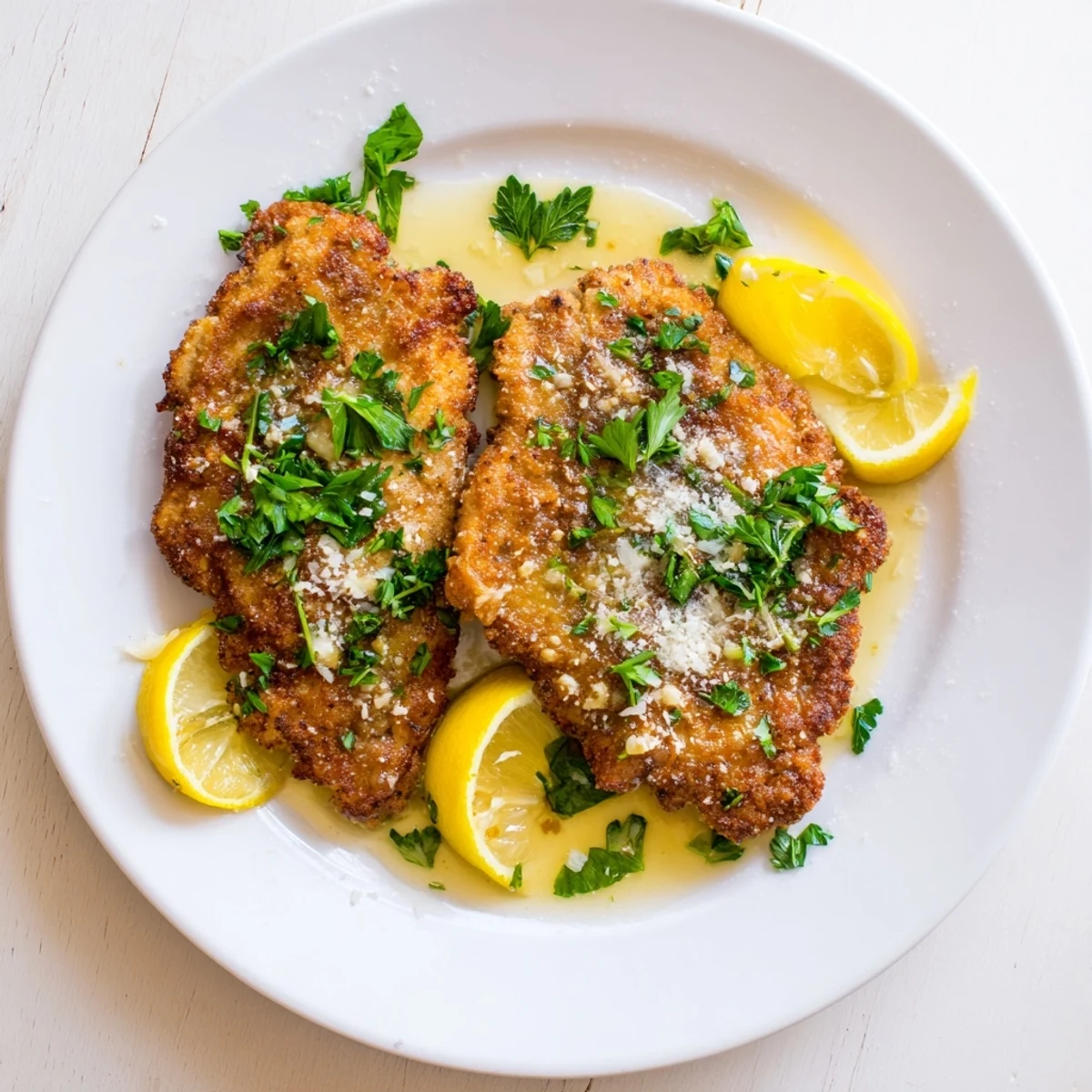 Crispy cheese-coated Lemon Chicken Romano plated with vibrant garlic lemon sauce and herb garnish