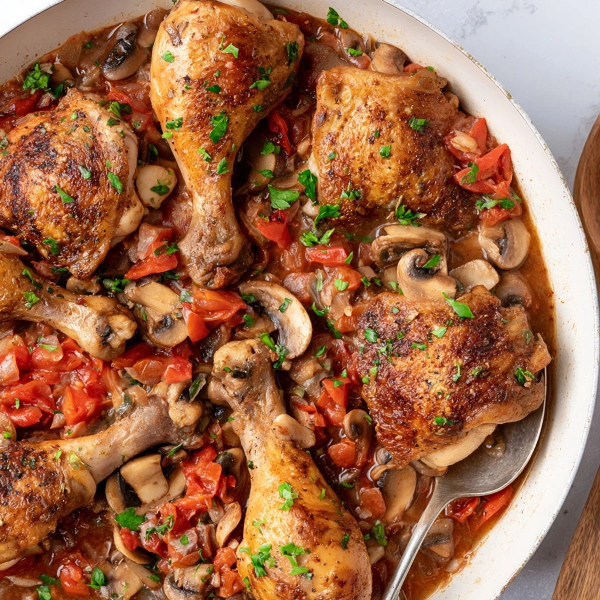 Rustic Chicken Chasseur: golden seared pieces, aromatic tarragon, steaming buttered noodles